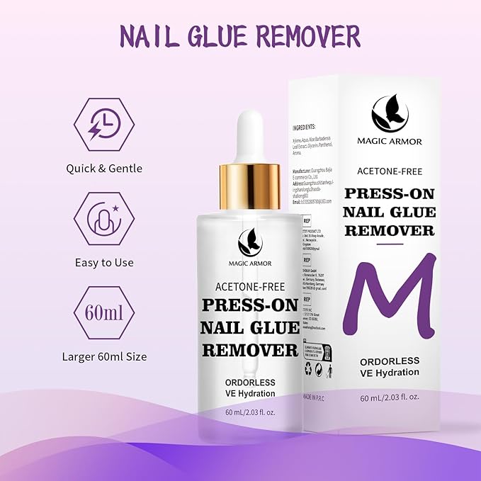 60ML Press On Nail Glue Remover - Acetone-Free Odorless Fake Nail Remover with Crystal Stick, Soft Painless Removal for Nail Tips & Rhinestone Adhesive