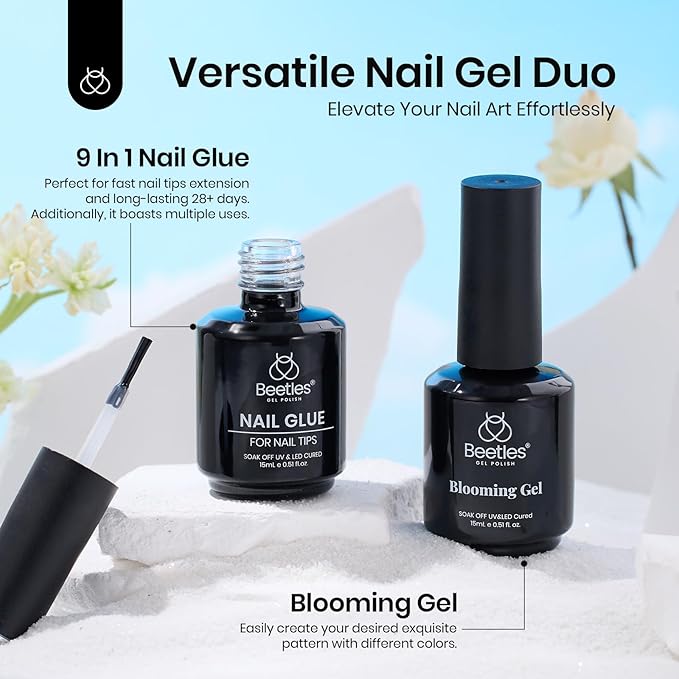 Beetles Nail Glue and Blooming Gel Set - 15ml 2Pcs Nail Art Gel for Blooming Marble Effects and Strong Nail Tips Bonding, Nail Supplies for Salon or DIY Manicure at Home