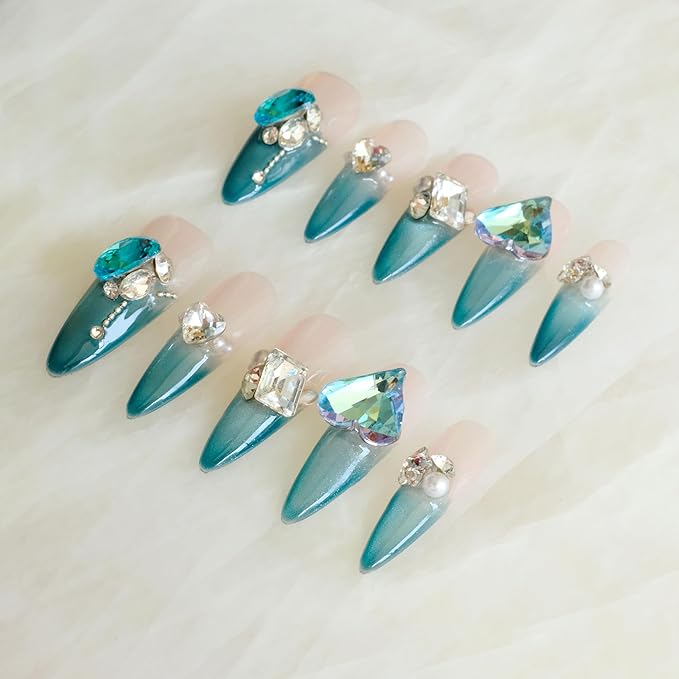 Luxury Long Stiletto Press-On Nails, Turquoise Blue Stiletto with 3D Crystals and Pearls, Handmade False Nail 10 Pieces (XS, LS)