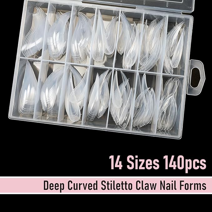 Deep Curved Stiletto Nail Dual Forms for Poly Gel Extension, 3D Eagle Claw Nail Mold, Long Cat Claw XXL Hawk Curve Sculptural Reusable Full Cover Nail Form 140 Pcs 14 Sizes Q45