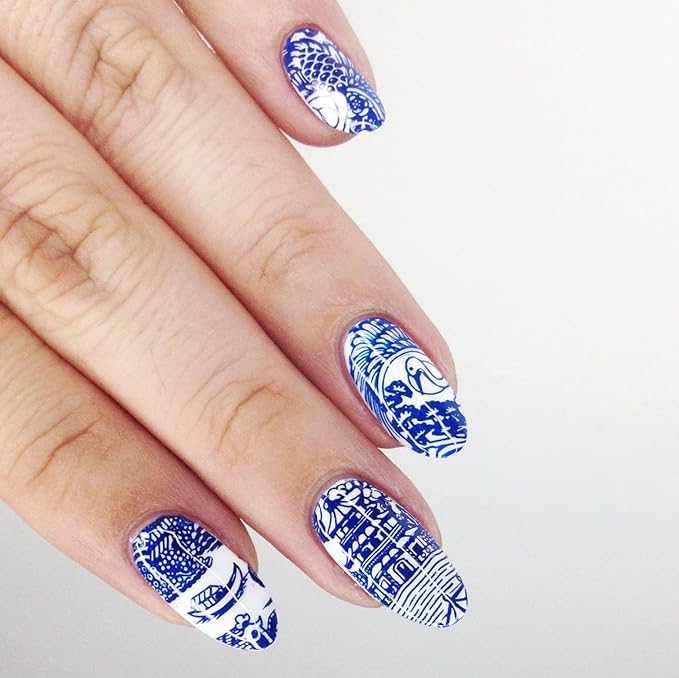 Maniology Porcelain Nail Stamping Plate | Chinese Ceramic–Inspired Floral Designs for Elegant DIY Manicures – Reusable, Rectangular Stainless Steel Nail Art Template