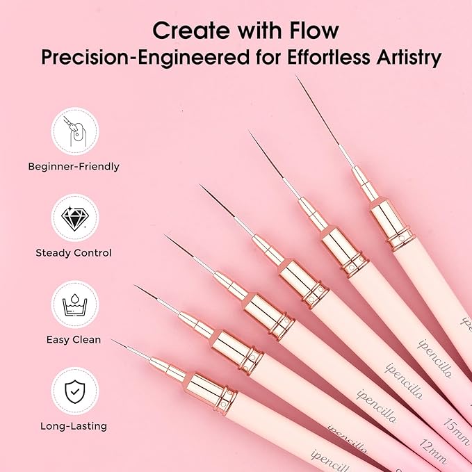 Nail Art Brushes, 6 Pcs Nail Liner Brushes for Nails, Nail Brushes for Nail Art Lines, Details, Edge and Plaid, Nail Art Brushes with Cap, Thin Liner Brushes Sizes 6/9/12/15/18/25 mm, Pink
