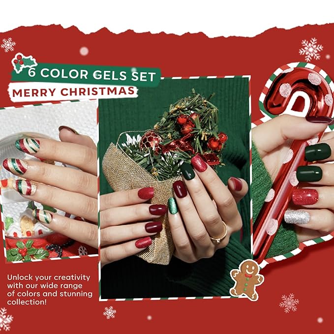 Modelones Christmas Colors Acrylic Powder Kit - 6 Colors Golden Glitter Yellow Green Dark Red Sliver Christmas Eve Cover Powder for Nail Art Extension - No Lamp Needed