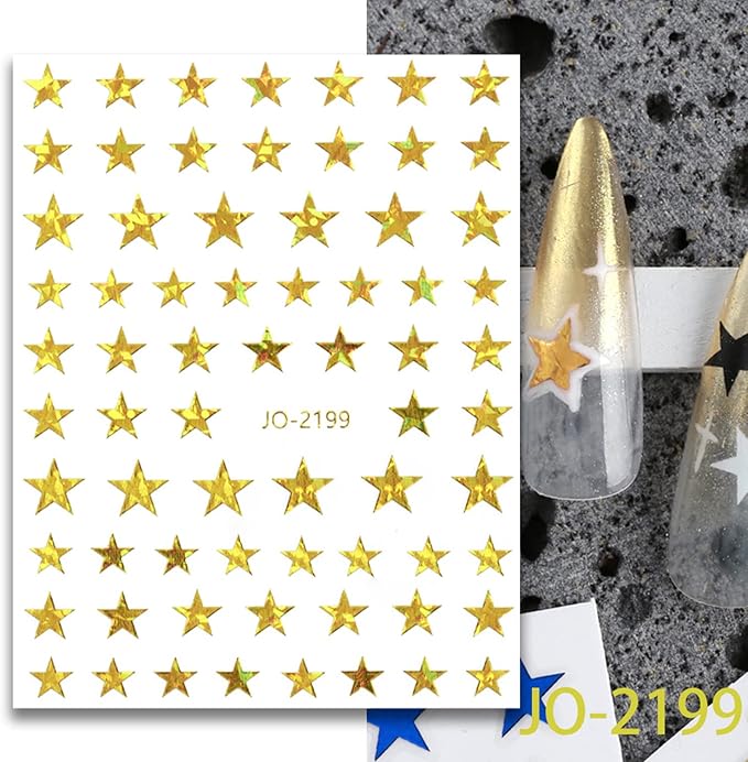 12 Colors Stars Nail Art Stickers, Laser Gold Silver Red Black White Pink Yellow Green Five-Pointed Star Nail Transfer Decals, 3D Stars Self-Adhesive Sticker Design for Women Manicure Decorations