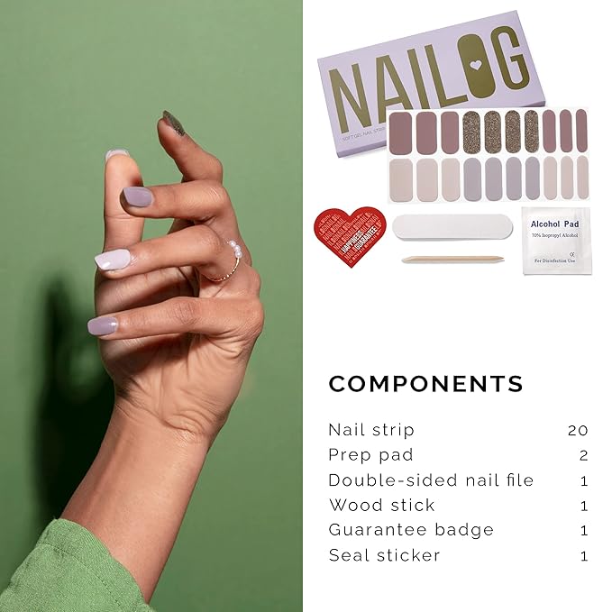 NAILOG Semi Cured Gel Nail Strips, 20Pcs Extra Long Gel Nail Stickers Lasting Nail Wraps with Glossy Gel Finishing │Last Night