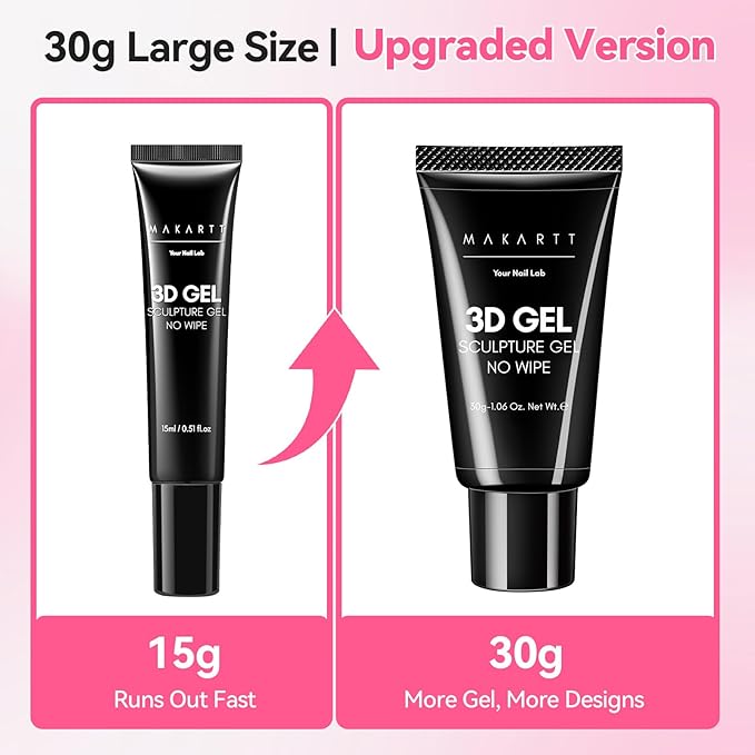 Makartt 3D Gel Nail Art - 30g Sculpting Gel Glue for Drawing, Molding, Sculpture, Gems & Decoration, Clear No-Wipe Gels Polish for DIY Nail Designs