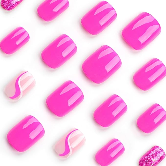 Pink Press on Nails Short Square Fake Nails Glossy False Nails Press ons with Swirl Line Design Reusable Artificial Nail Full Cover Glue on Nail Stick on Nails for Women Manicure 24Pcs