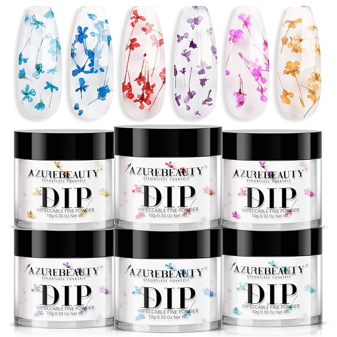 AZUREBEAUTY Dip Powder Nail Transparent Crystal Dried Flower Spring Set, Blue Purple Pink Yellow 6 Colors Natural Real Clear Dipping Powder Starter Kit Nail Art Manicure Salon, No Need Nail Lamp Cured