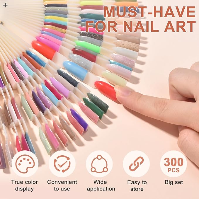 300 Tips Nail Swatch Sticks with Metal Split Ring Fan-shaped Display Nail Practice Sticks Nail Sample Swatches for Nail Art Polish Practice Nail Color Display (Natural)