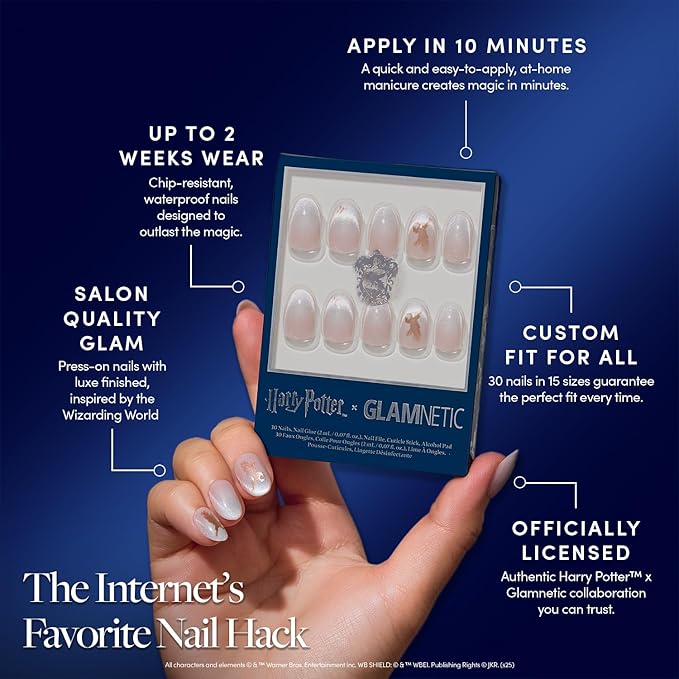 Glamnetic Press On Nails x Harry Potter™ - Rowena Ravenclaw™ | Short Oval Fake Nails with Velvet Gradient Tips & Rose Gold Graphic, Salon Quality Officially Licensed | 15 Sizes - 30 Nail Kit with Glue