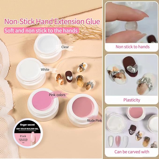 Solid Nail Builder Gel Set, Pink&Clear Extension DIY Non Stick Hand for NailArt, Solid Builder Gel for Long Lasting Manicures Enhancement Poly Nail