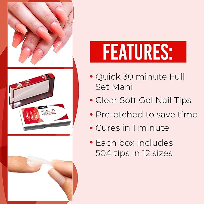 IBD Clear Soft Gel Nail Tips - Medium Coffin Shape, Pre-Etched Fake Nail Extensions for Durable and Easy Application, Acrylic Press On Nails, 504 Tips, 1-Pack
