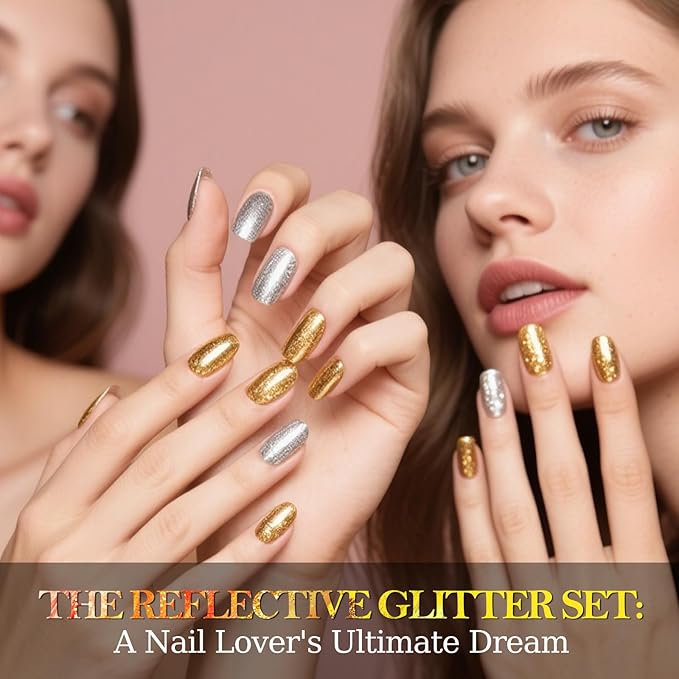 NXJ INFILILA Glitter Gel Nail Polish Set, 3 Colors Gold Silver Rose Gold Reflective Metallic Gel Polish, Holographic Sparkle Long-Lasting Soak Off UV LED Cured Gels for Salon DIY Manicure