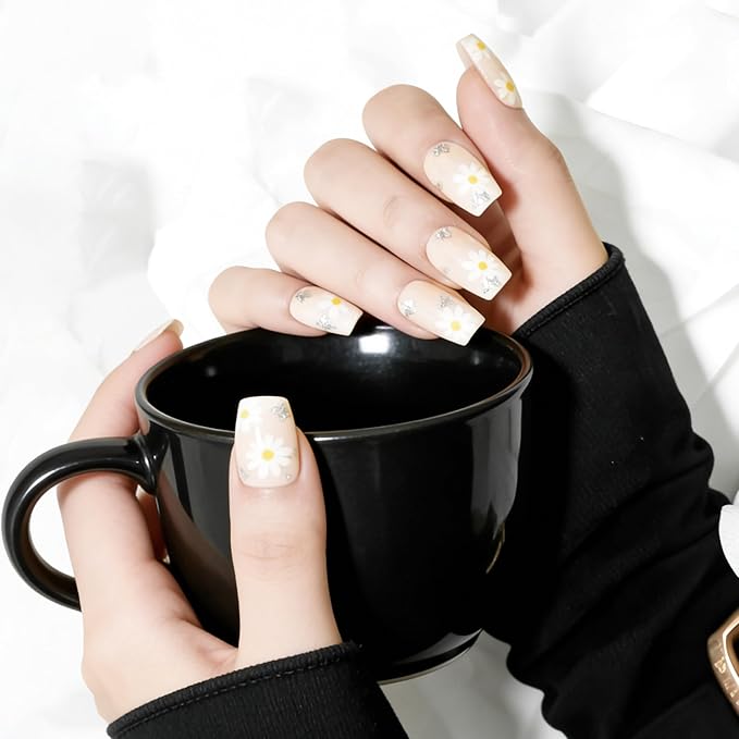 Semi Cured Gel Nail Strips White Flower Gel Nail Stickers with UV/LED Required Long Lasting Gel Nail Stickers for Spring Includes 22 Strips 2 Prep Pads, Nail File & Wooden Stick