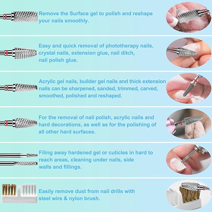 6Pcs Nail Drill Bits Set Professional, 3/32'' Electric Nail Drill Bits for Acrylic Gel Nails, Cuticle Nail Drill Bit Quick Gel Polish Remover Manicure Pedicure Tools with Cleaning Brush (Red)