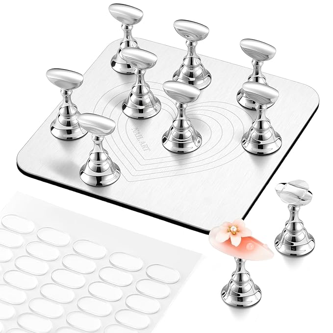 Makartt Nail Stand for Press On Nails DIY: Non-Slip Strong Magnetic Metal Base 10 Holders 200 Sticky Tapes, Professional for Nail Art Painting, Display and Practice, Gifts for Beginners Salon Artists