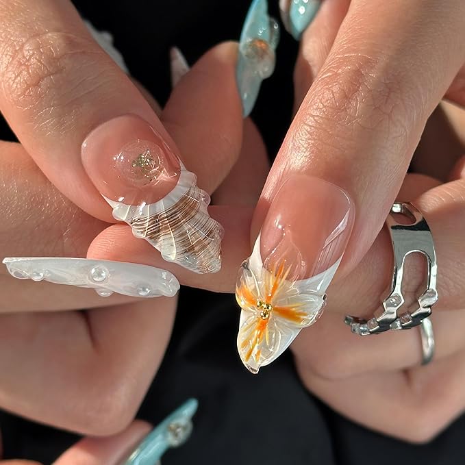 Medium Press On Nails - Handmade 3D False Nails Long Almond 10 Pcs ReusableABS Material Finger Painting Nail Tip French Salon Design- M size