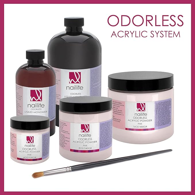 Odorless Liquid Monomer + Pink Acrylic Powder - Professional System for Nail Extension, Non-Yellowing Effect and EMA Formula – Kit 8 Oz.