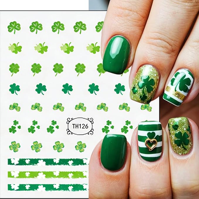 6Sheets St. Patrick's Day Nail Stickers 3D Rainbow Coin Hat Four Leaf Clover Design Spring Nail Decals Lucky Green Shamrock Nail Art Stickers for Women DIY Irish St. Patrick's Day Nail Supplies Decor