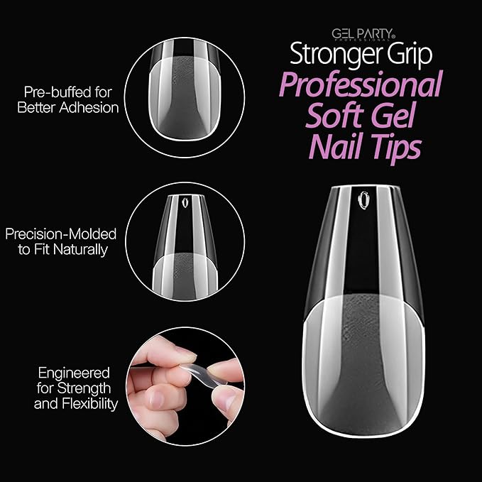 GELPARTY Soft Gel Nail Tips Short Coffin - 240Pcs Pre-Buffed Matte Full Cover Tips - No Filing Needed, Soak Off Gel Extension System - Clear Ballerina False Nails (12 Sizes)