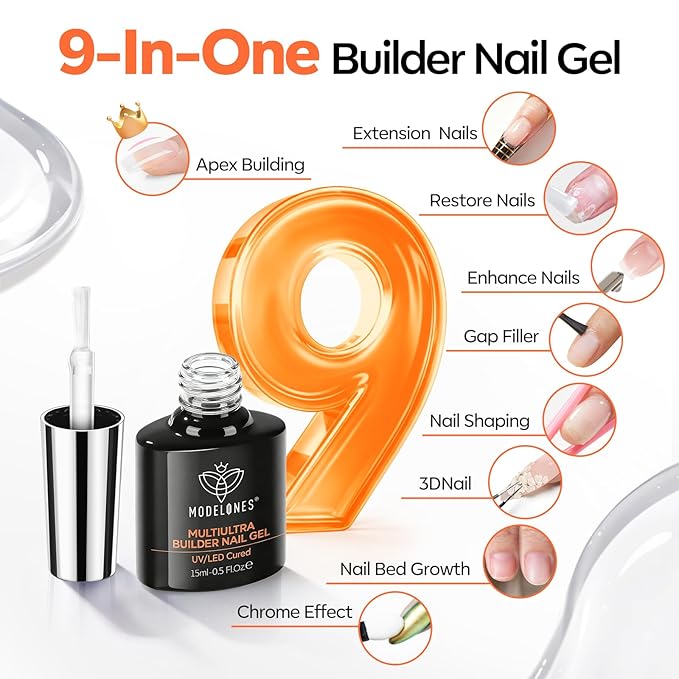 modelones Builder Nail Gel, Clear Builder for Nails No Top Coat Needed, C-Curve Sculpting, Glossy Jelly Finish Crystal Clear, No-Wipe, 9-in-One LED Lamp Cured Color Gel Polish for Quick Diy Salon