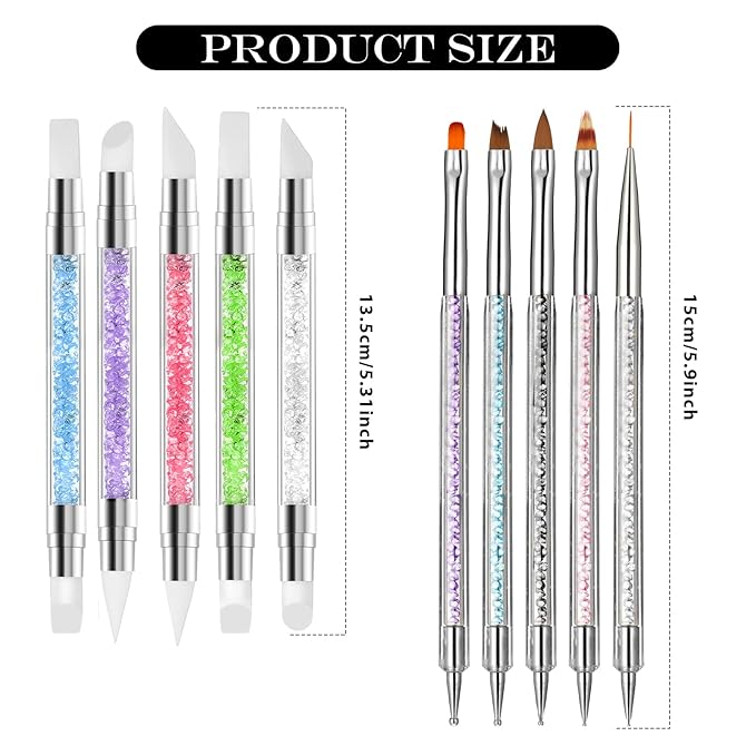 Nail Art Brush Set, 10 Pcs Dual Tipped Silicone Nail Tools Nails Art Sculpture Pen Crystal Handle Liner Brush, Silicone Brushes for Resin Nails Arts Tools for NailSalon Design Foil Carving Drawing