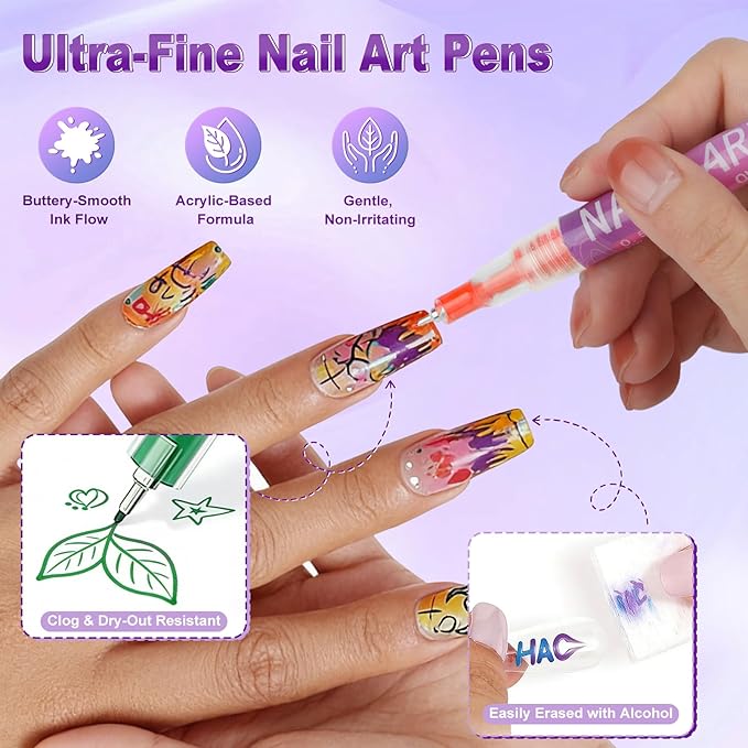 12 Colors Nail Art Pens, 0.5MM Fine Tip Nail Art Markers, Quick-Drying 3D Nail Polish Pens for DIY Nail Art Design, Drawing Painting Dotting Liner Doodle Manicure Tools Home & Salon
