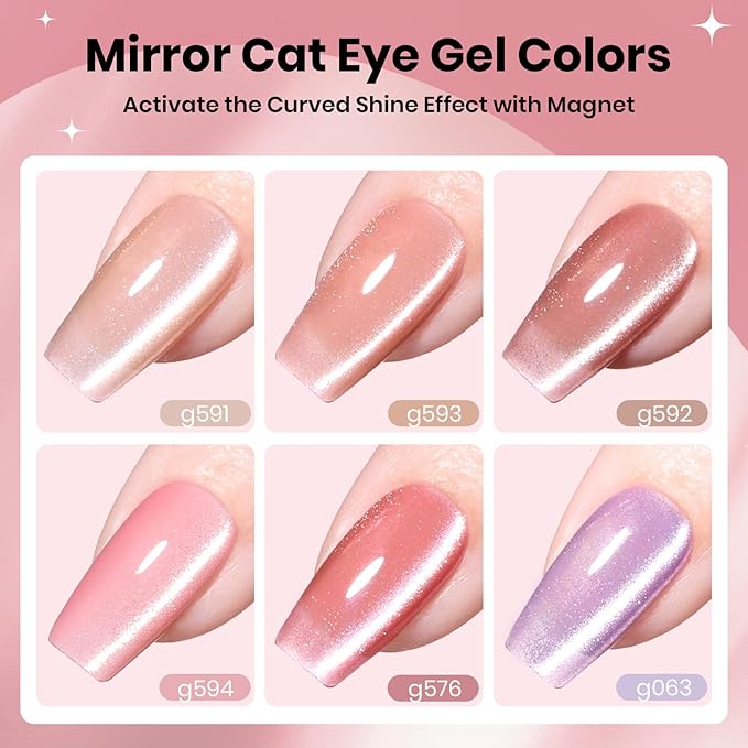 Beetles Gel Polish Soft Beam Cat Eye Gel Nail Polish Set - 6 Colors Nude Pink Brown Purple Glitter Gel Nail Kit Magnetic Shine Soak Off UV Winter Salon DIY Manicure Gift for Women