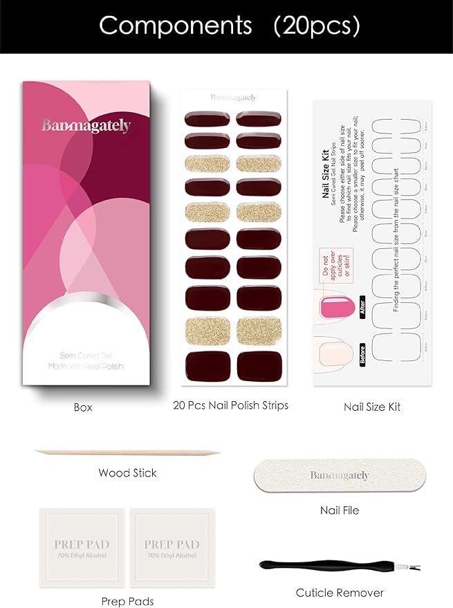 Semi Cured Gel Nail Strips, 20Pcs Long Lasting Salon Quality Wraps, Easy Apply & Remove Gel Nail Stickers with UV Light (Sparkling Garnet Red)