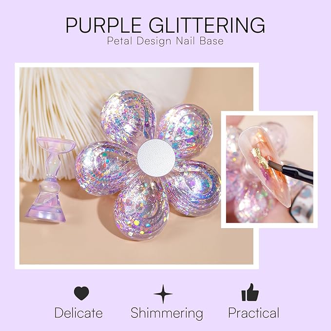 Makartt Nail Stand: Purple Nail Holder for Painting Nails DIY, Magnetic Press on Stand for Art Display Practice, Purple Glitter Flower Fake Holder for Home Salon with Reusable Adhesive Putty
