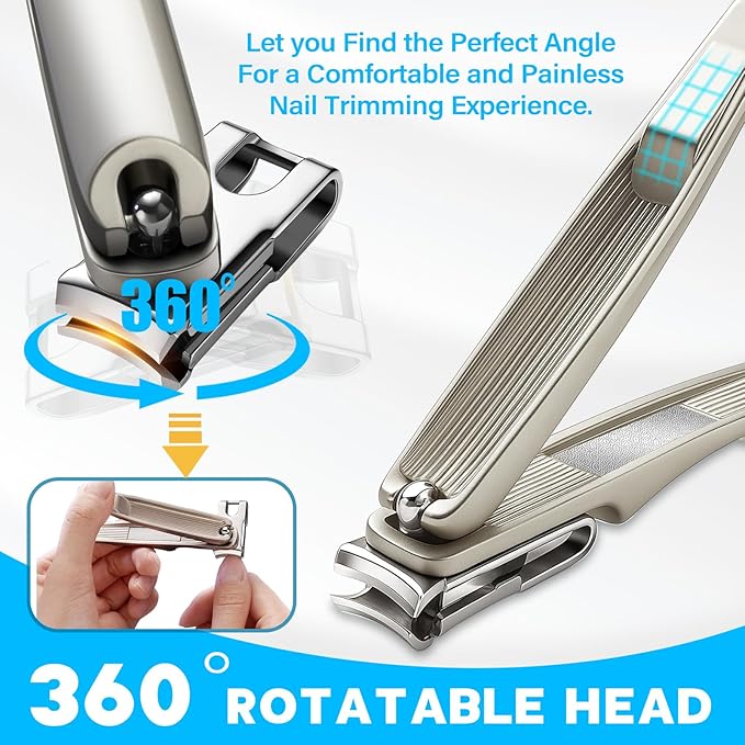 8-in-1 Heavy Duty Toenail & Fingernail Clippers for Seniors Men with Thick & Ingrown Nails - Manicure Pedicure Kit with 360° Swivel Head - Professional Wide Jaw Podiatrist Tools