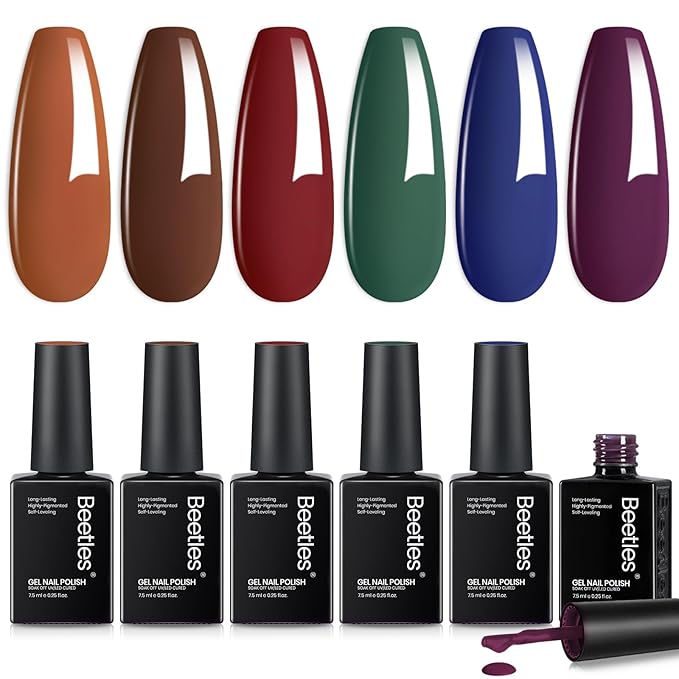 beetles Gel Polish Set - Twilight Grove Whisper Collection, 6 Colors Dark Brown Burgundy Colors Red Green Nails Art Soak Off Uv LED Nail Kit Minicure DIY Home Gifts for Women