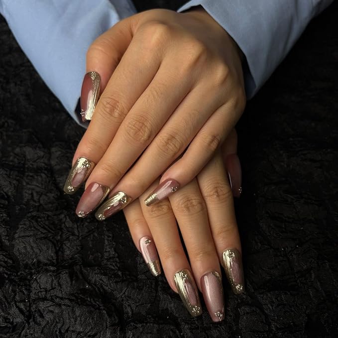 Dark Red Press On Nails Medium Long Square Fake Nails with Luxury Cat Eyes Design Stick On Nail for Woman Gift（Large Size）