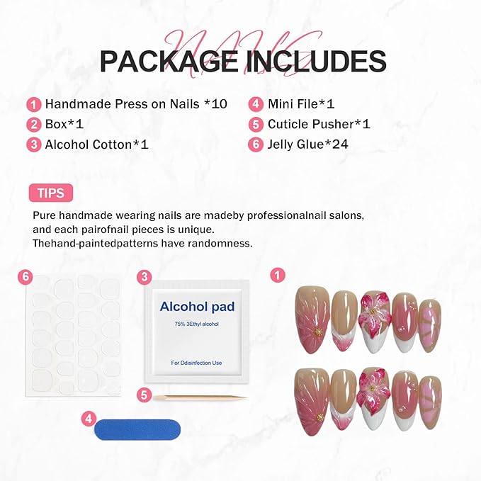 White French Tip Press on Nails Flower Fake Nails with 3D Water Rpple Luxury Pearl Designs Handmade Press on Nails Pink Gradient False Nail Full Cover Thick Acrylic Nail for Women Nail Art (Size M)