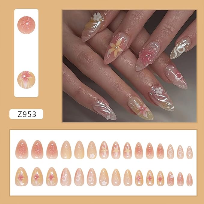 Flower Press on Nails - Almond Fake Nails - False Nails with Designs 3D Floral - Acrylic Glue on Nails - Spring Stick on Nails for Women Cute Stick on Nails 24Pcs