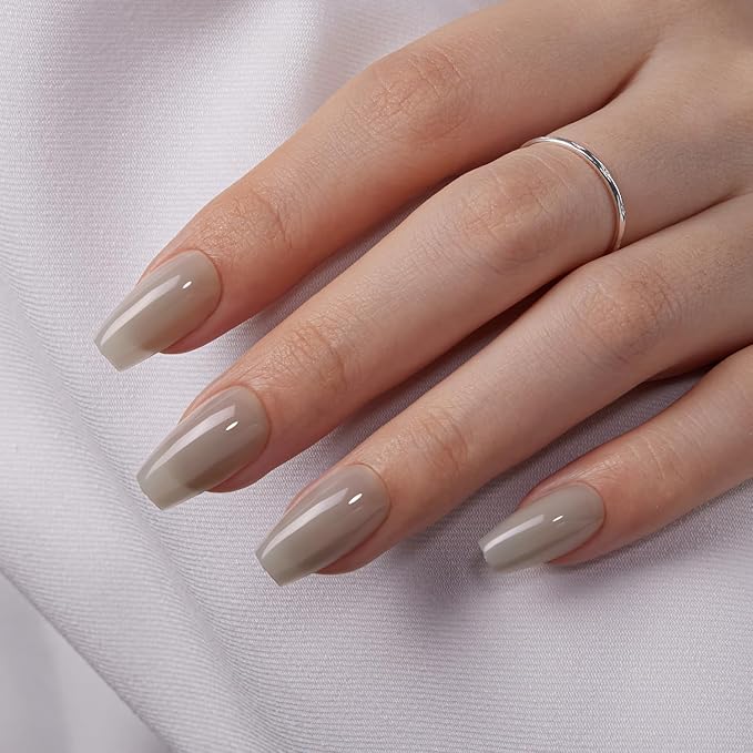 VSALON Coffin Short Press On Nails, Smokey Grey Light Curable Sheer Jelly Finish False Nails, Reusable Gel Glue on Nails Kit with Glue - 32 pcs in 16 Sizes
