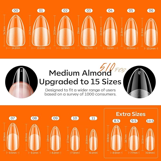 modelones Gel Nail Kit Almond, Upgrade 15Sizes Fake Nails, 9-in-One Glue Dehydrator & Mini U V Light Clipper, 510Pcs Medium Almond Press on Tips for Extension DIY Salon Home Gift (Pack of 2)