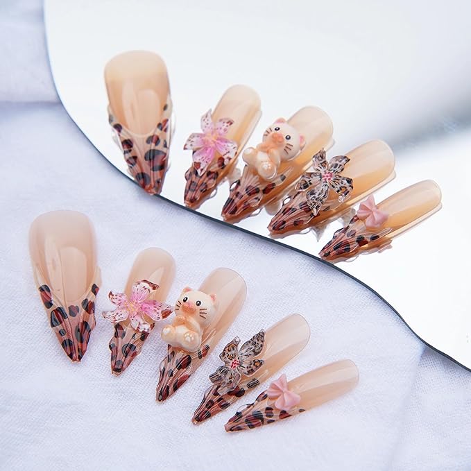 MISUD Press on Nails - Long Stiletto Fake Nails with Brown Leopard, Acrylic Bear Flower Design 24 pcs