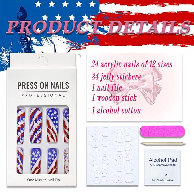 4th of July Press on Nails Long Square America Flag Fake Nails Full Cover Firework False Nails with Designs Tricolor Glossy Glue on Nails Star Acrylic Nails Manicure Artificial Nails for Women Girls