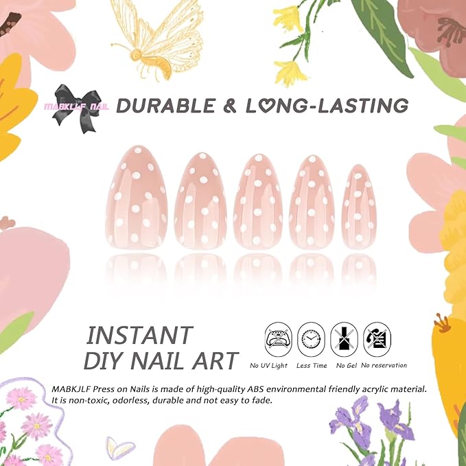 Press on Nails Medium Almond MABKJLF Fake Nails False Nails with White Polka Dots Designs Glossy Glue on Nail Reusable Full Cover Acrylic Nails for Women Girls 24Pcs