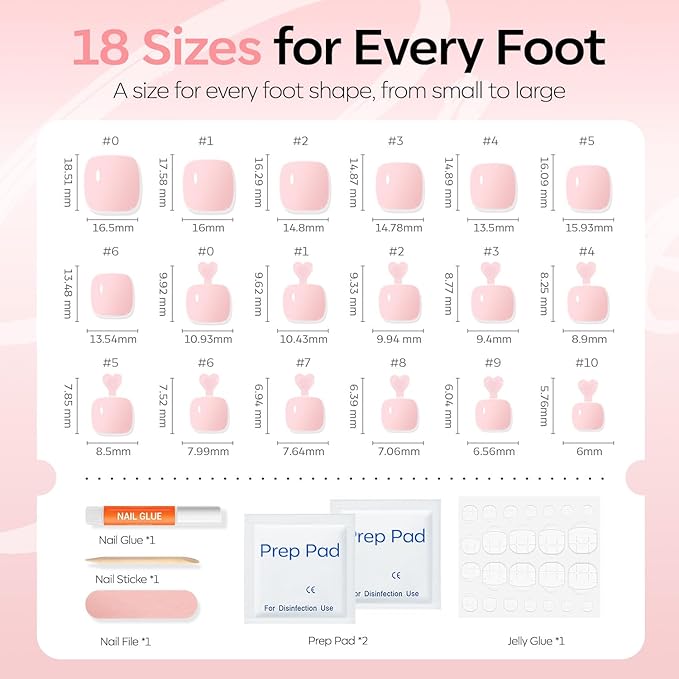 Modelones Press on Toenails Short, Soft Pink Toe Press on Nails Square, Reusable Nail Kit with Nail Glue Adhesive Tabs Mini Nail File, Toe Nails 36Pcs 18Sizes, Spring Women Girl Gift