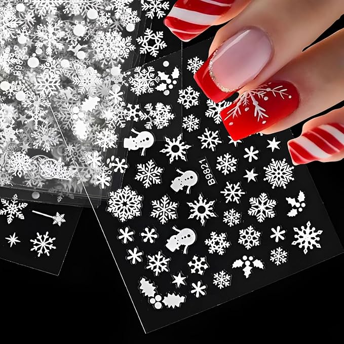 30 Sheet Christmas Nail Art Stickers with 3D Self-Adhesive Snowflake Design for Winter Nail Decals and Elk Themed Art. White Design for Women
