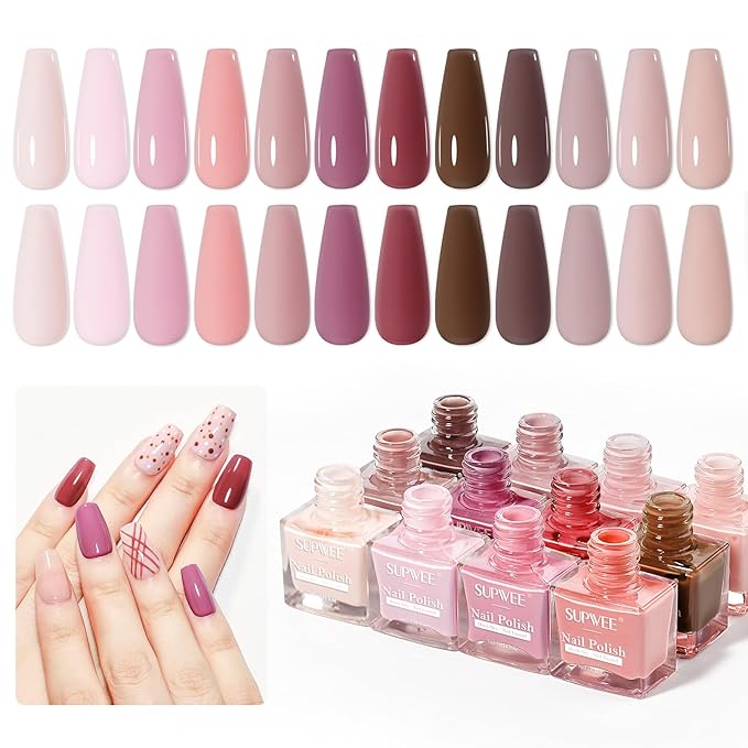 12 Colors Nail Polish Set, Quick Dry Regular Natural Nude Pink Nail polish Non Gel, Atir Fast Drying Fingernail Lacquer for Women Girls Manicure Salon DIY Home