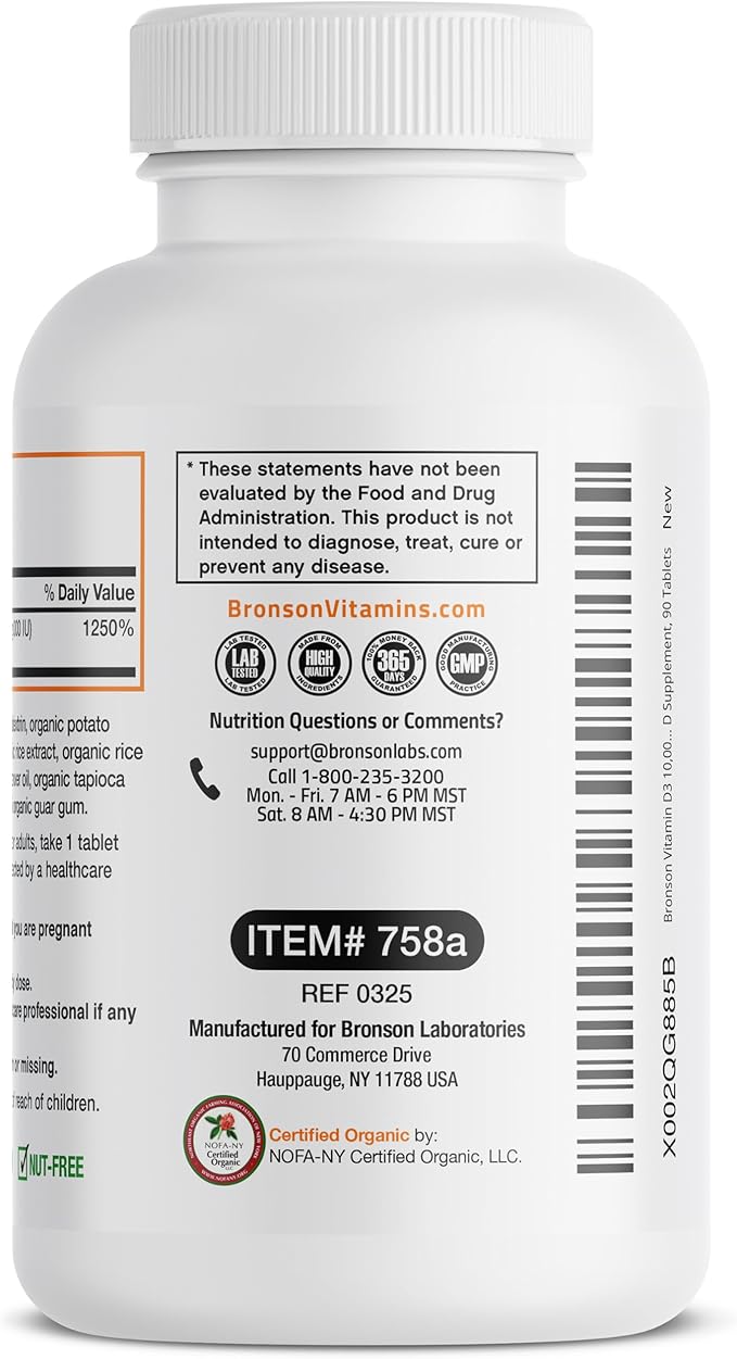 Bronson Vitamin D3 10,000 IU for Immune Support, Healthy Muscle Function & Bone Health, High Potency Organic Non-GMO Vitamin D Supplement, 90 Tablets