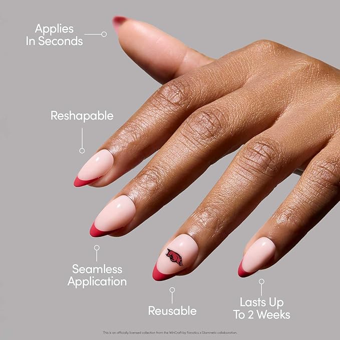 Glamnetic x Fanatics Press On Nails - Arkansas Razorbacks | Short Almond Fake Nails, Collegiate Razorbacks Red French Tips, College Nails, Salon-Quality | 15 Sizes - 30 Nail Kit with Glue