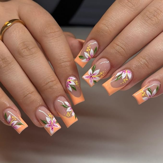 Flower Press on Nails Square Medium Long Fake Nails with Orange French Tip Floral Designs Acrylic Glossy Glue on Nails Press ons Fall Stick on Nail for Women 24 Pcs