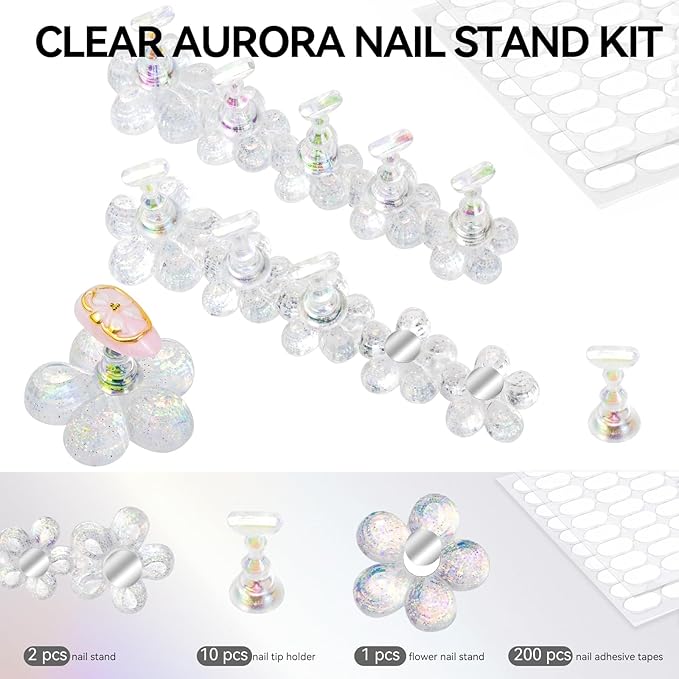 Nail Stand for Press On Fake Nails Painting Display Practice, Powerful Magnetic Nail Holder for Design, Flower Nail Stand with 200 PCS Double-Sided Tapes, Nail Tools for Home Salon (White)