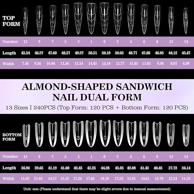 240 PCS Sandwich Nail Dual Forms, 14 Sizes Nail Tips for Builder Gel, Dual Forms for Polygel, Nail Extension for Beginner & Professional, Create Salon Quality Nail Art at Home (Almond-shaped)