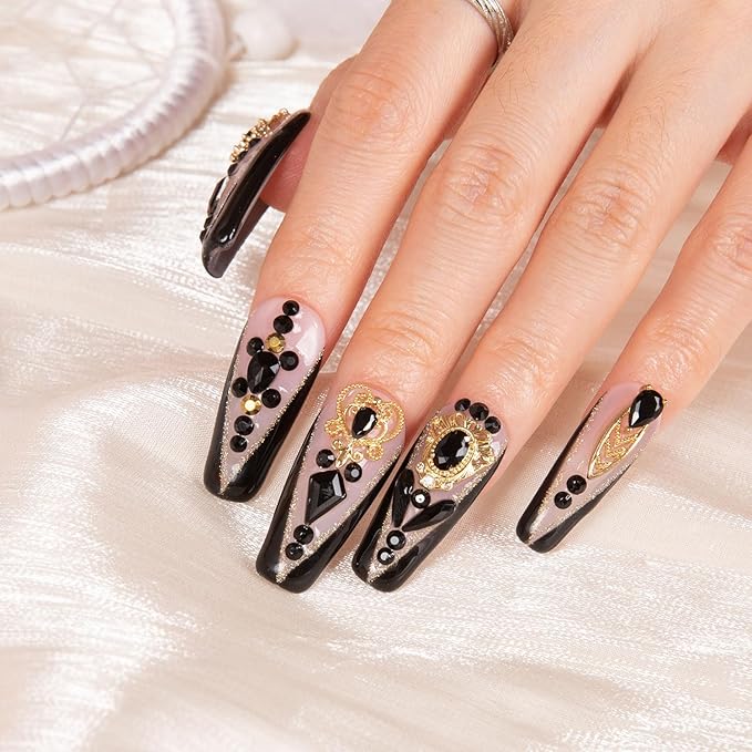 LOVFUL Press on Nails Obsidian Palace Black French Tip | Handmade with Full Covered Crystals | Reusable Full Cover Nails | Coffin Classic Regular 1.3 in | H165-S
