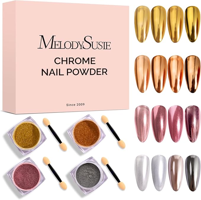 MelodySusie 4Pcs Chrome Nail Powder for Gel Nails,Metallic Mirror Effect Pigment Stylish and Technological Fine Glitter for Home DIY Salon Use